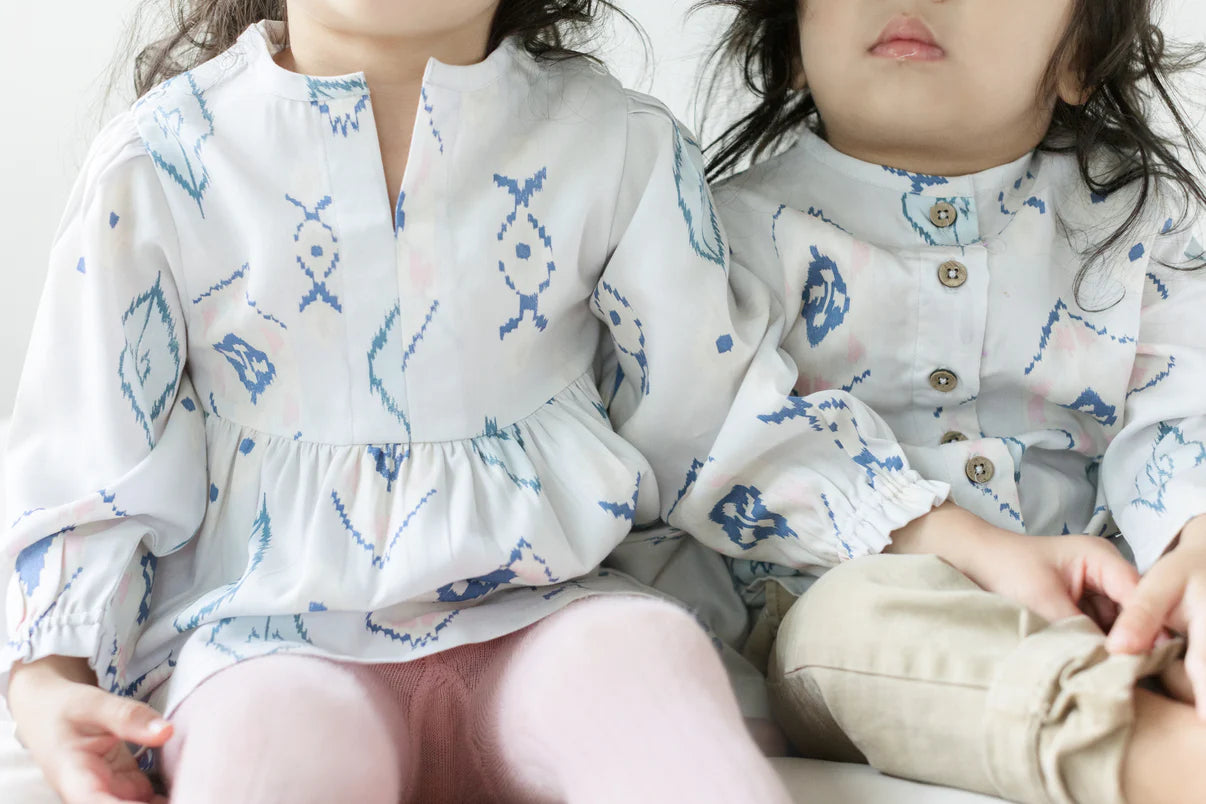 Blue ikat print kids shirt of Tencel fabric